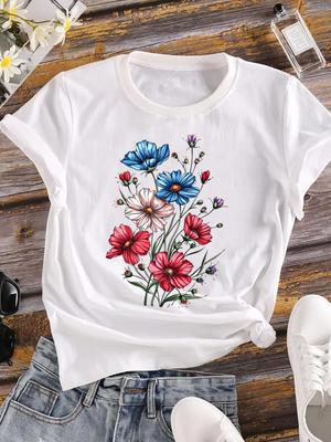 (Asian Size) Women Tee Top Clothing Floral Trend 90s Casual Flower Short Sleeve T Shirt Fashion Print Lady Female Graphic T-shirts