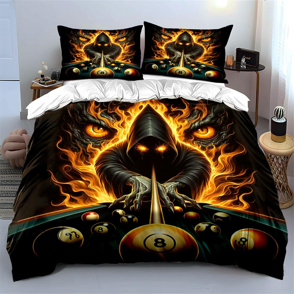 Fiery hooded figure, billiard balls. Bedding sets Duvet cover sets Duvet covers Pillowcases(1 * Duvet Cover 2 * Pillowcases without duvet insert)