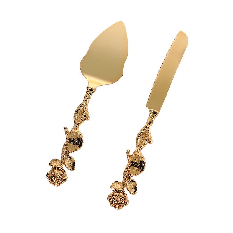 Rose Flower Cake Knife & Spatula Set - Exquisite Metal Alloy Wedding & Tableware Display.