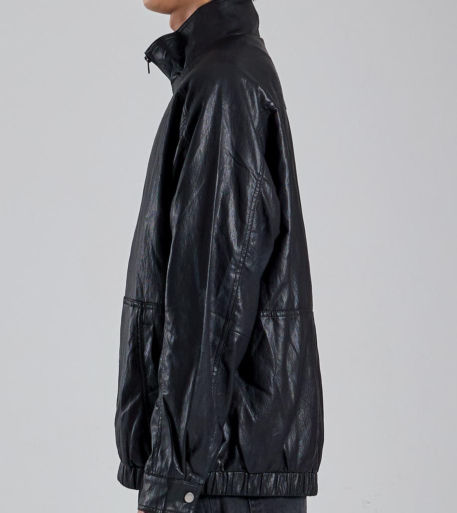 Button Seoul Minimal Vegan Leather Stand Collar Zip-Up Jacket (Black)