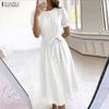 ZANZEA Summer Women Short Sleeve Front Lace Splicing Casual Long Maix Dress