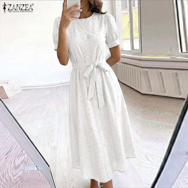 ZANZEA Summer Women Short Sleeve Front Lace Splicing Casual Long Maix Dress