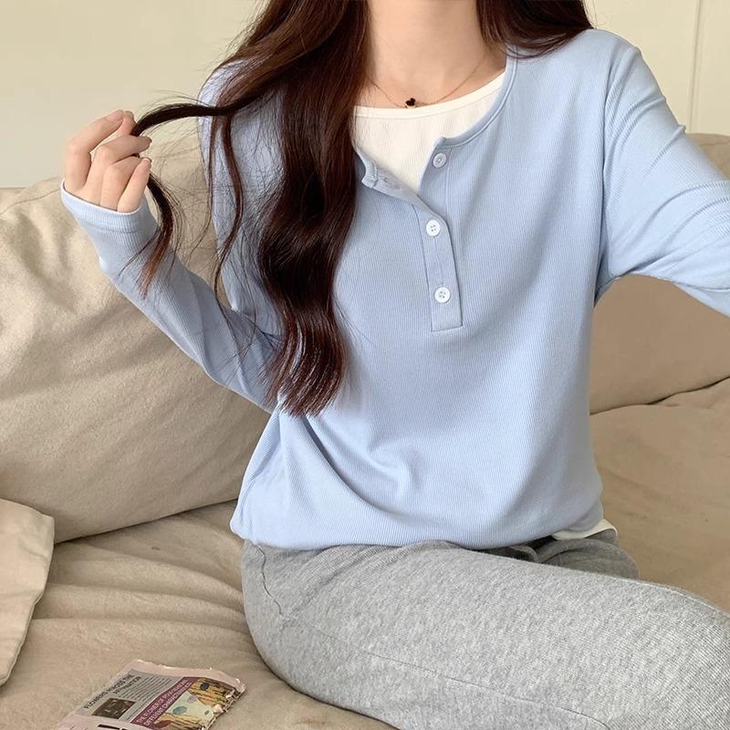 Milk blue plus velvet fake two-piece long-sleeved bottoming shirt for women in autumn and winter with brushed inner, slimming and chic T-shirt top