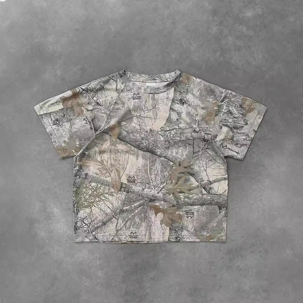Vintage Leaf Print Short Sleeve Polo - Loose Fit High Street Pullover Top