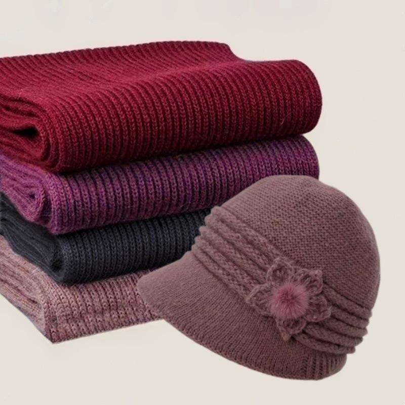 Middle-aged and Elderly Hats, Women's Winter Warm Mother Wool Hats, Fashionable Versatile Ear Protectors, Basin Hats, Fleece and Cold-proof Knitted Ha