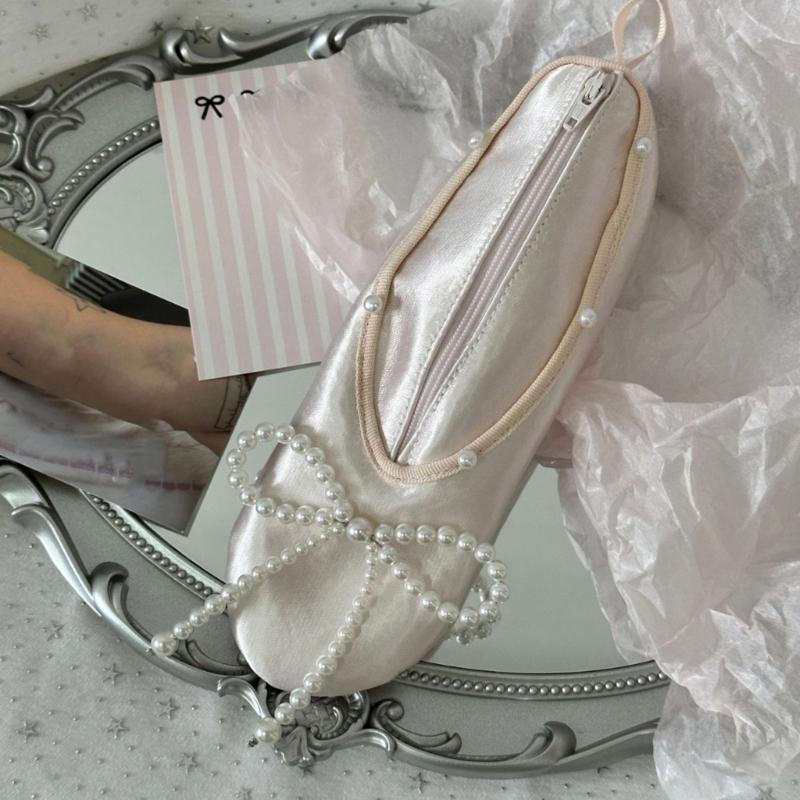 Star Embellished Ballet Shoe Cosmetic Bag Premium Satins Travel Toiletry Pouch With Detachable Ribbon Closure