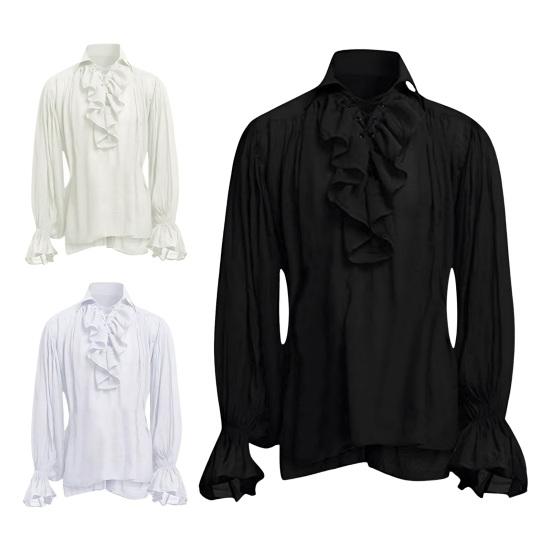 Men Shirt Medieval Ruffle Long Sleeves Color Lace-up Sleeves Strap Puff Solid Pleated Loose Lapel Vintage Halloween Party Cosplay