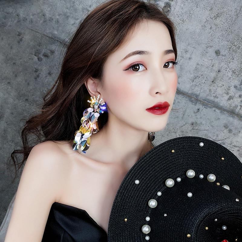 Diamond Colorful Glitter Paillette Sequined Tassels Exaggeration Dangle Earring Eardrop Women Jewelry
