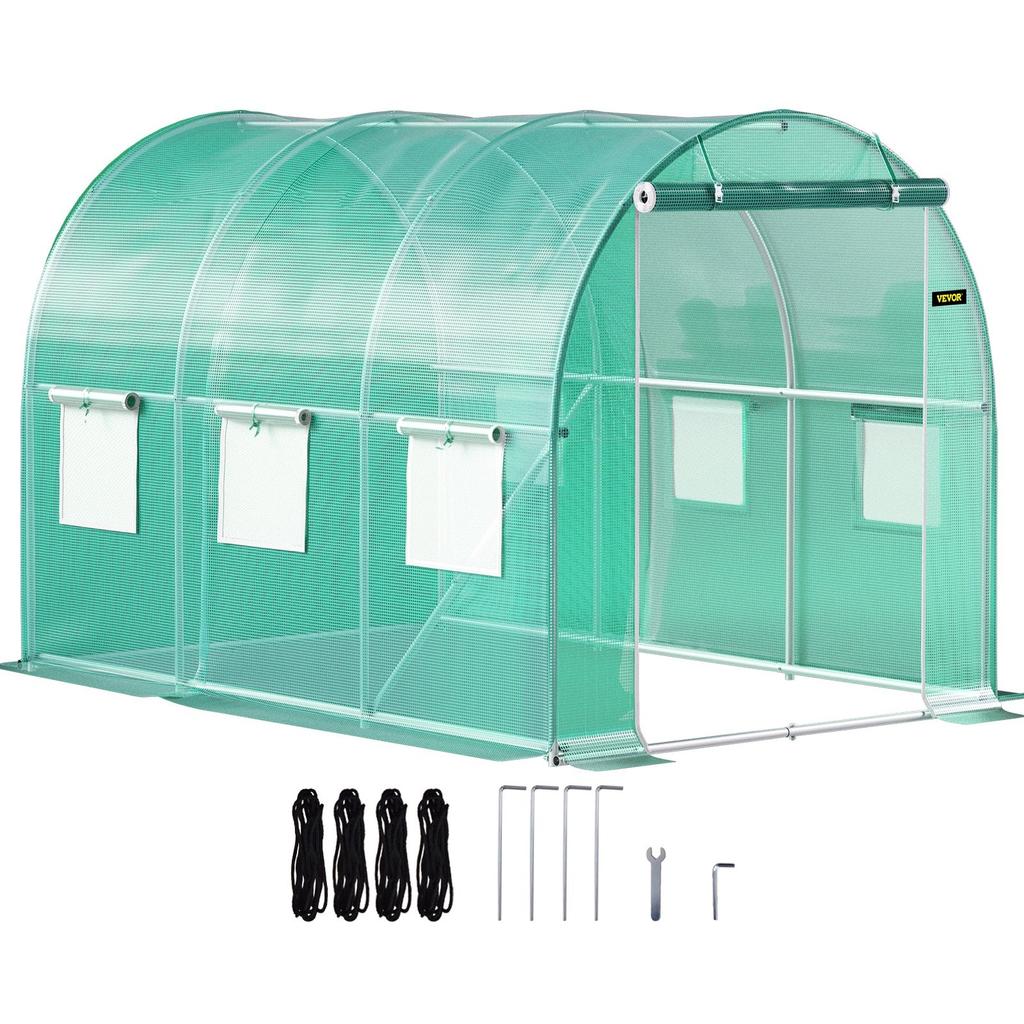 Walk-in Tunnel Greenhouse, 10 x 7 x 7 ft Portable Plant Hot House w/ Galvanized Steel Hoops, 1 Top Beam, Diagonal Poles, Zippered Door & 6 Roll-up