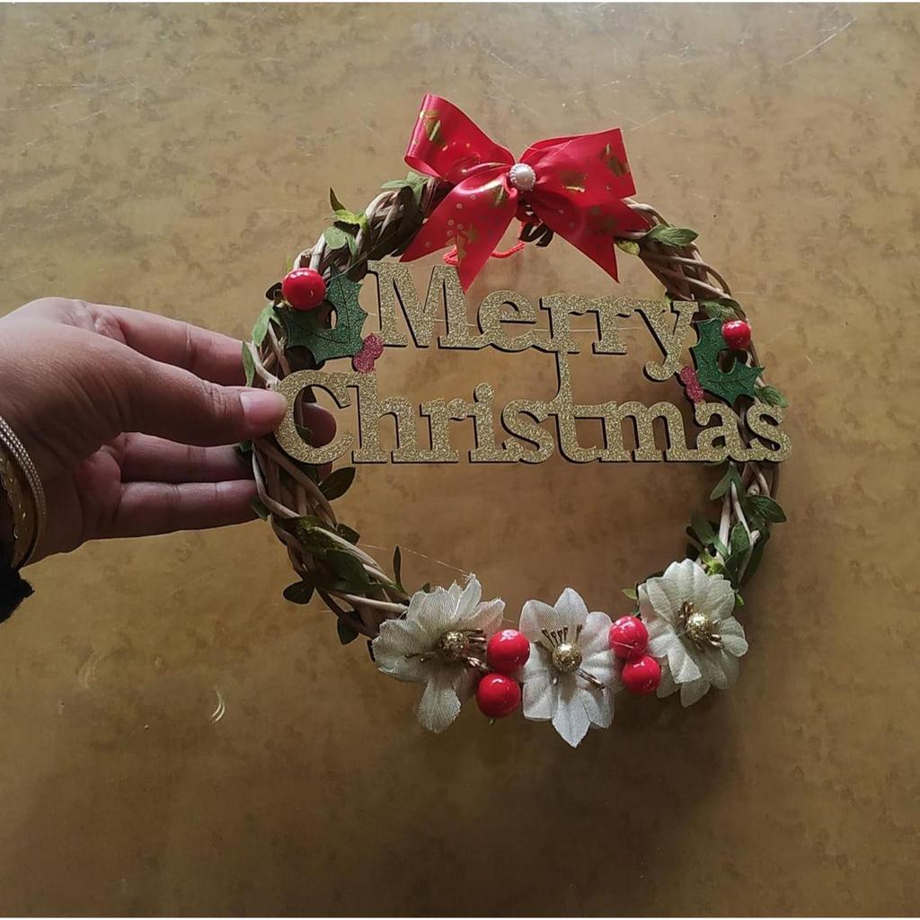 Decorated Christmas Wooden Wreath for Front Door - Size 7.5 Inch, Wall Hanging, Decoration for Church, Home, Office, Shopping Malls
