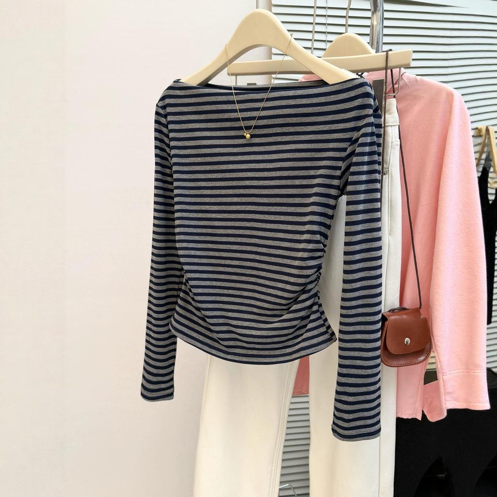 Korean Striped One-Shoulder Long-Sleeve T-Shirt: Women's Fashion 2025