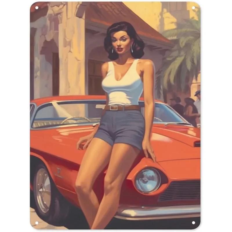 Pinup car model metal tin signs sexy girls wall plaque vintage iron painting decoration for Home Cafe Game Room club bar