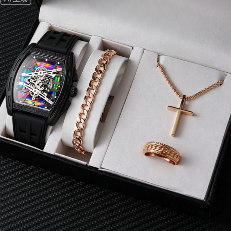 Geneva Men's Steel Band Fashion Calendar Wristwatch - Bestseller Personalized Business Set