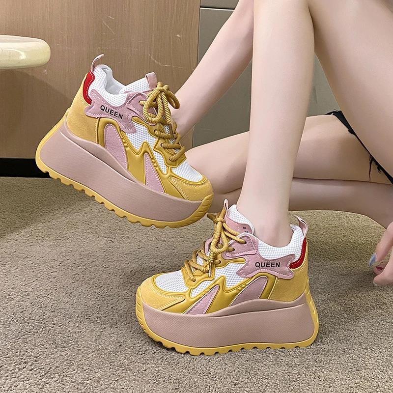 Fashion 10CM Women Casual Leather Sneaker Autumn Lace Up High Platform Shoes Thick Sole Sport Dad Shoes Woman Sneakers Chaussure Femme
