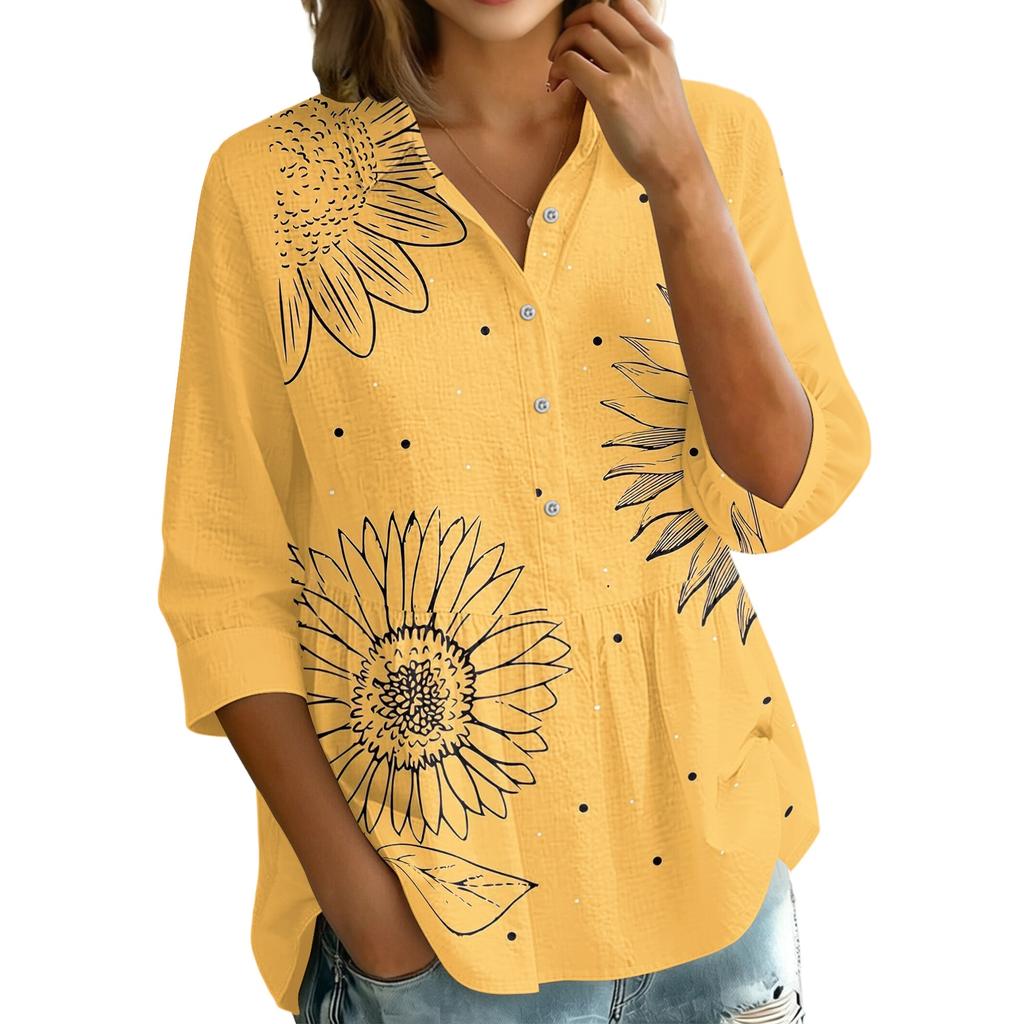 Camicetta da Donna a Bottoni con Collo, Vestibilità Larga, Stampa Floreale Vintage, Manica a Tre Quarti, Top Casual per Uso Quotidiano