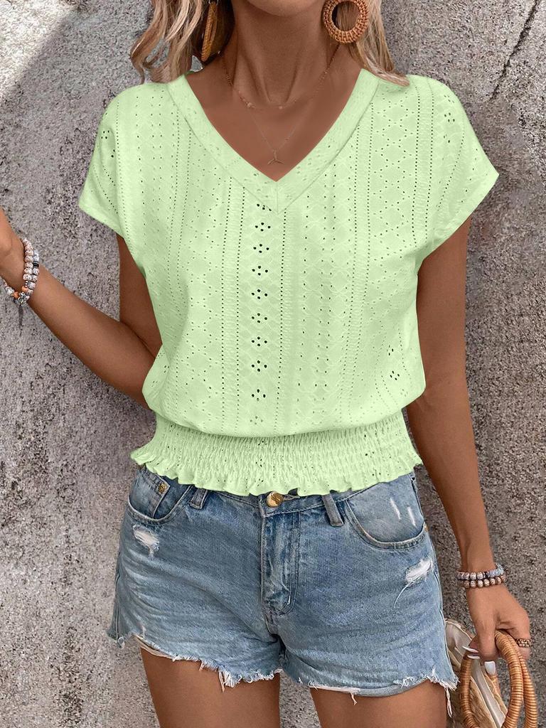 2025 Spring/Summer V-Neck Jacquard Cutout Ruched Short-Sleeve Women's Casual Fashion Top