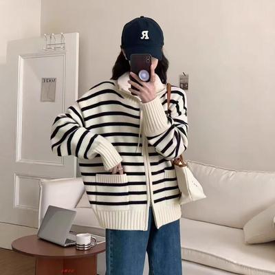 Korean Version Autumn and Winter New Loose Fashion Lapel Knitted Cardigan Color Matching Striped Age-reducing Women's Zipper Sweater Jacket Tide