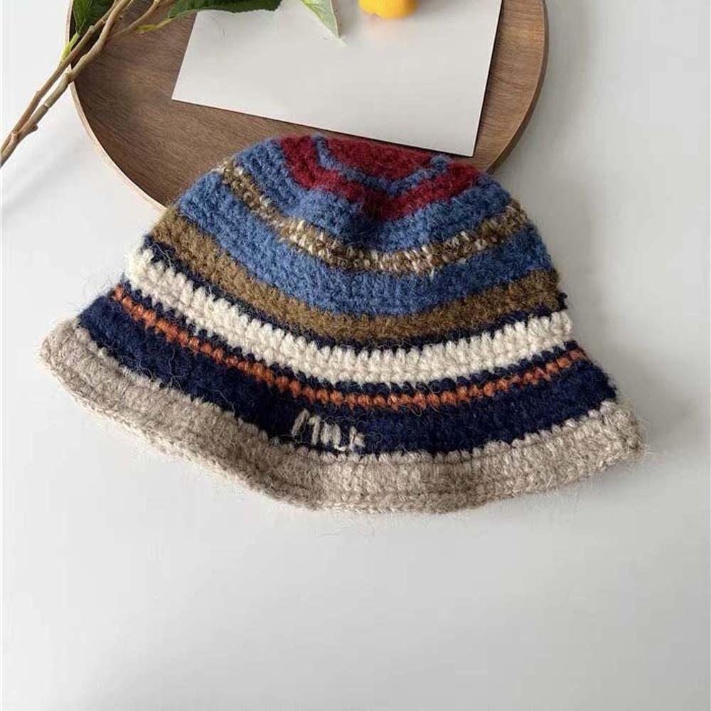 Anti-cold Knitted Bucket Hat Warm Woven Basin Cap Seaside Beach Cap Striped Fisherman Hat  Vacation
