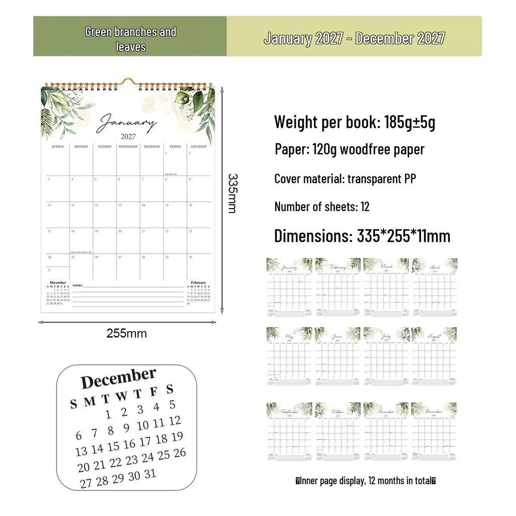 2027 Creative English Wall Calendar: Plan, Check-in, Memo & Customizable