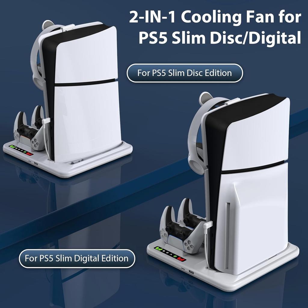 PARA PS5 Slim con estación de carga y soporte de almacenamiento para 8 juegos con ventilador de refrigeración y estación de carga para controlador PS5