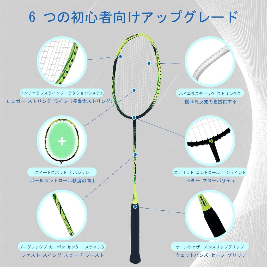 Senston Badminton Carbon Alloy Badminton Racket and 6 Yellow and Green Set, 2-Piece Shuttlecocks,