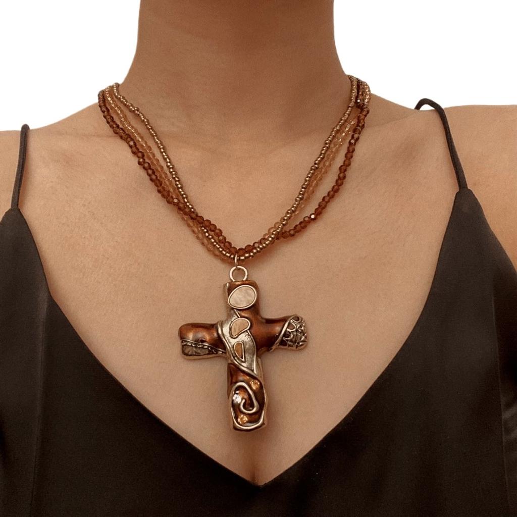 European and American Jewelry Gothic Cross Multi-layer Beaded Necklace Heavy Industry Versatile Medieval Niche Collarbone Chain Women