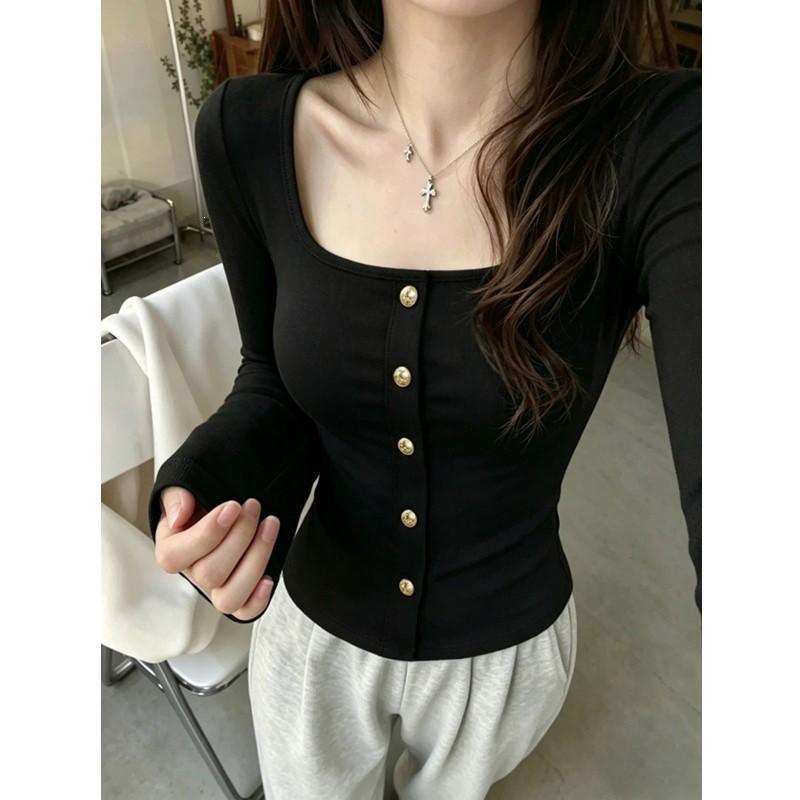 Womens Black U-Neck Long Sleeve T-Shirt Slim Fit Basic Top Casual Wear