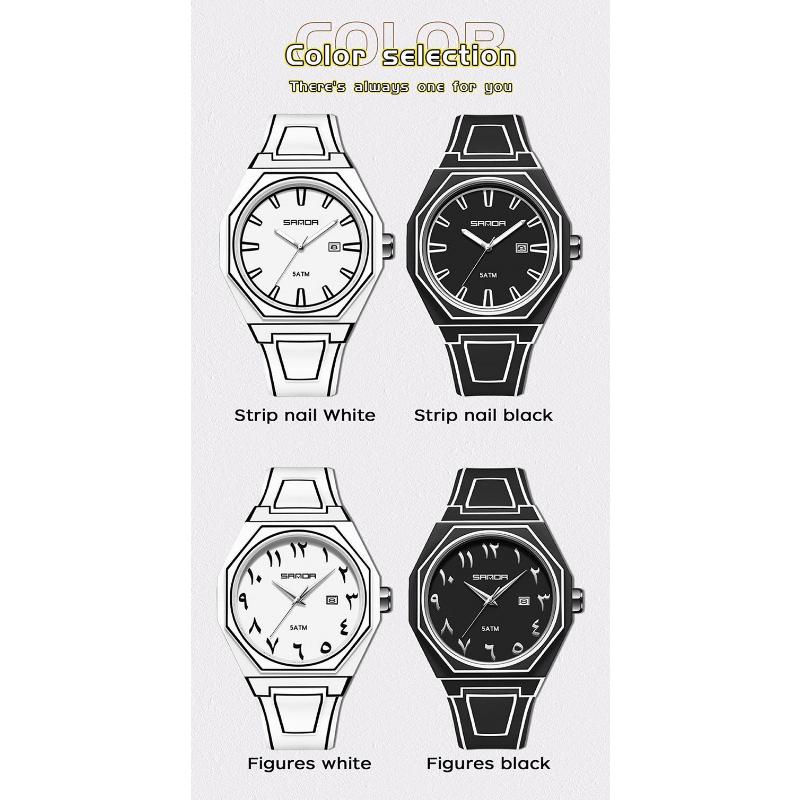 SANDA Fashionable Men's Quartz Watch Waterproof Silicone Strap Unique Scale Calendar Creative Lines Student Watches