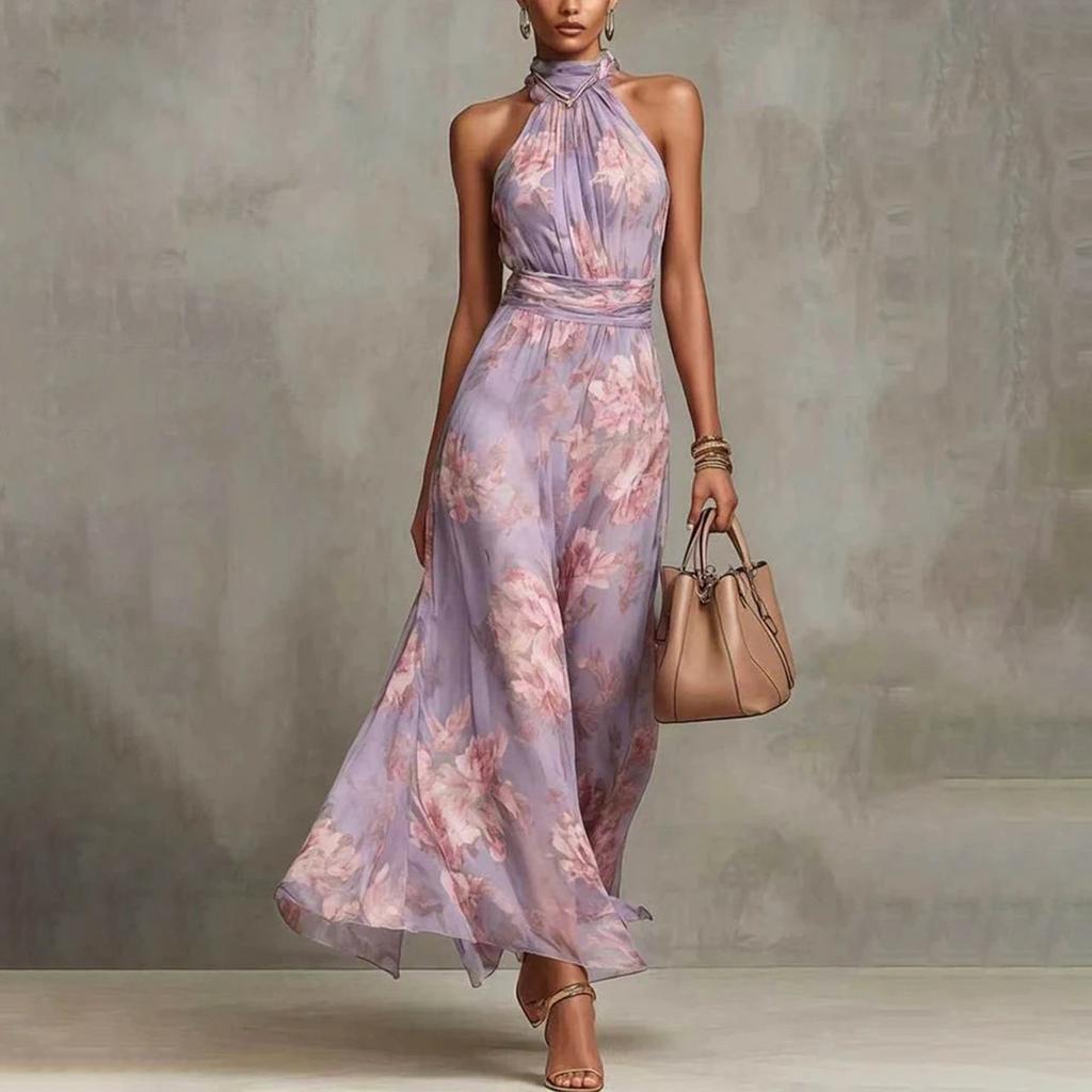 Women Floral Print Halter Neck Chiffon Maxi Dress Sleeveless Waist Pleated Long Dress Summer Vacation Style