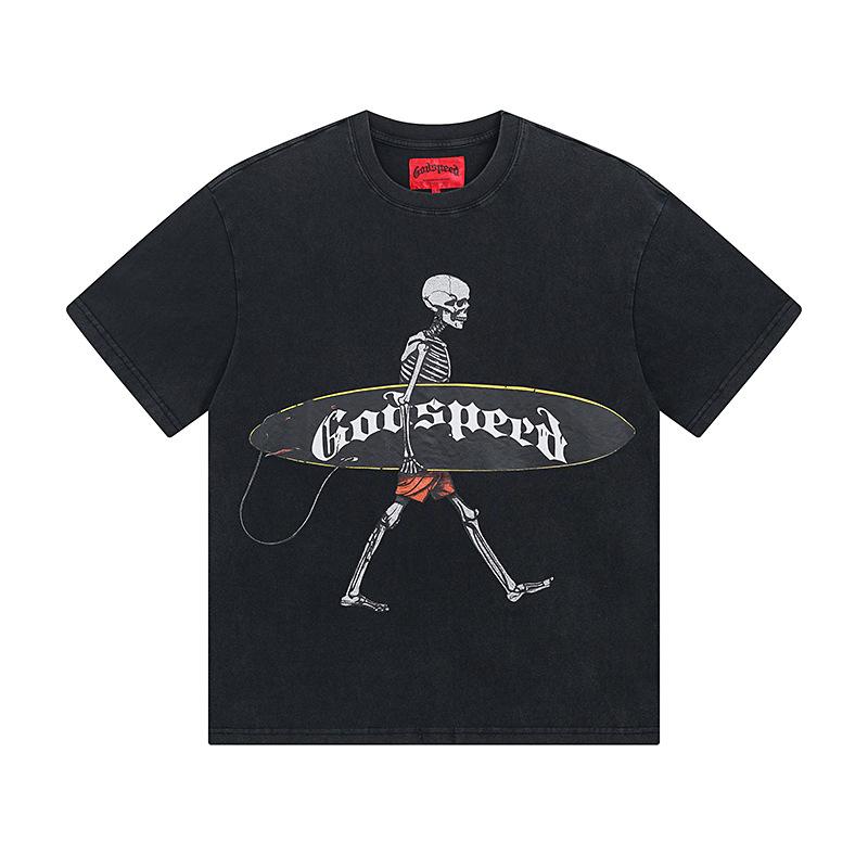 Cross-border trendy brand GS Skull Band Alphabet Printing Washing Water Short Sleeve Loose T-Shirt Men's and Women's High Street Retro Half Sleeve