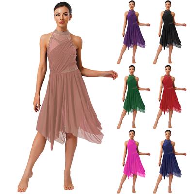 Womens Lyrical Dance Dress Halter Neck Glittery Rhinestone Patchwork Irregular Mesh Ruffled Skirt