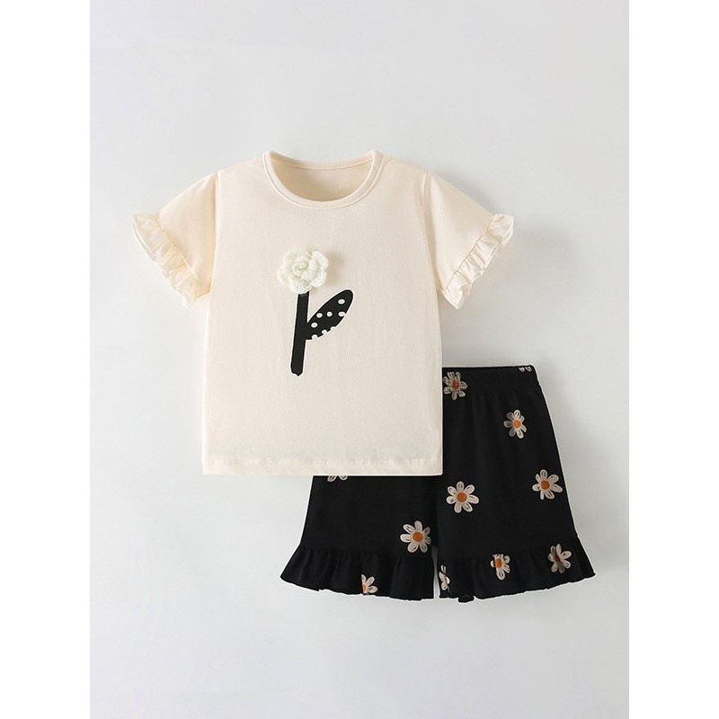 Cross-Border Girls' Summer Outfit, Stylish Floral Baby Summer Clothes, Thin Baby Clothes, Little Girl's Short-Sleeved Two-Piece Set