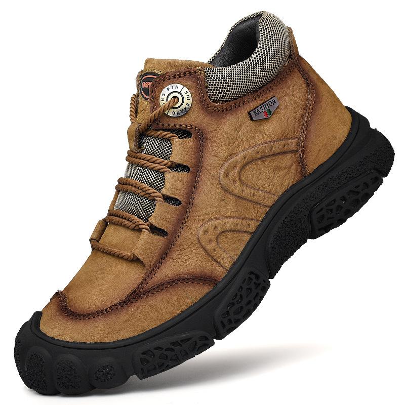Fashion Outdoor Men's Boots Brown Leather Casual Shoes Waterproof Hiking Shoes Warm Winter Boots for Men High Top Platform Snow Boots