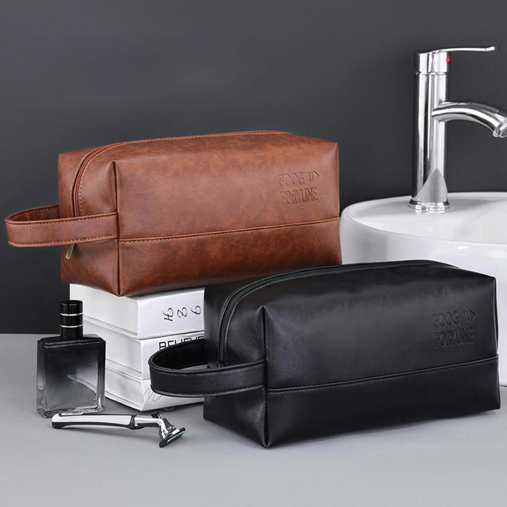 Men Leather Travel Business Shaving Cosmetic Bag Portable Toiletry Bag Large Capacity Organizer Handheld Toiletry Kits
