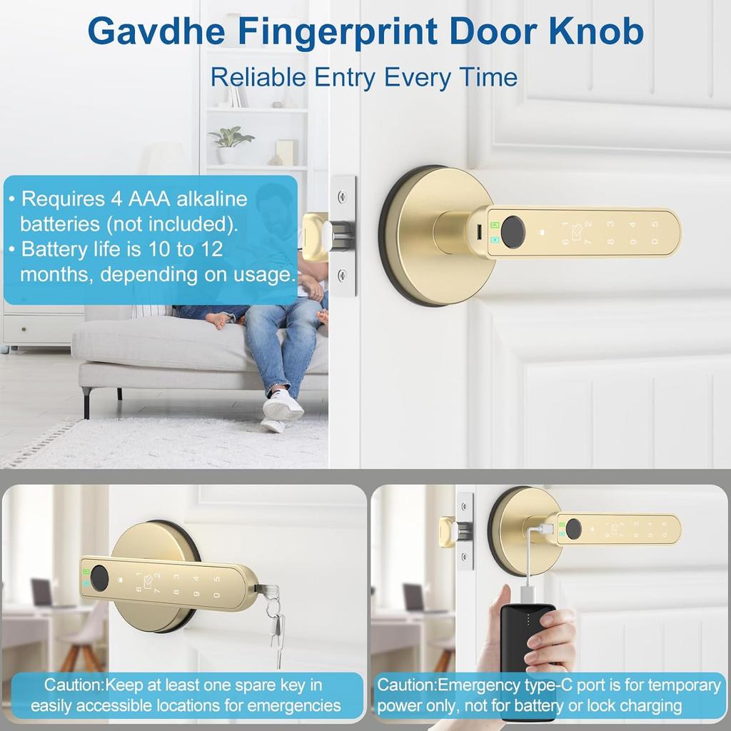 Fingerprint Door Lock Smart Fingerprint Door Knob with Keyless Entry Biometric Door Lock with Keypad App Control Easy Installation for Home Bedroom