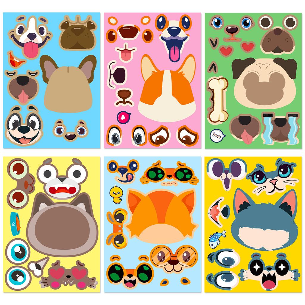 6 Photos/package Cat and Dog Face Change Stickers DIY Face Change Puzzle Stickers Make A Face Toy Waterproof Stickers