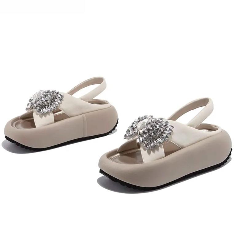 

Fashion Crystal Bow Platform Sandals Summer New Round Toe Open Toe One Strap Anti-Slip Wear-Resistant Wedge Shoes 40