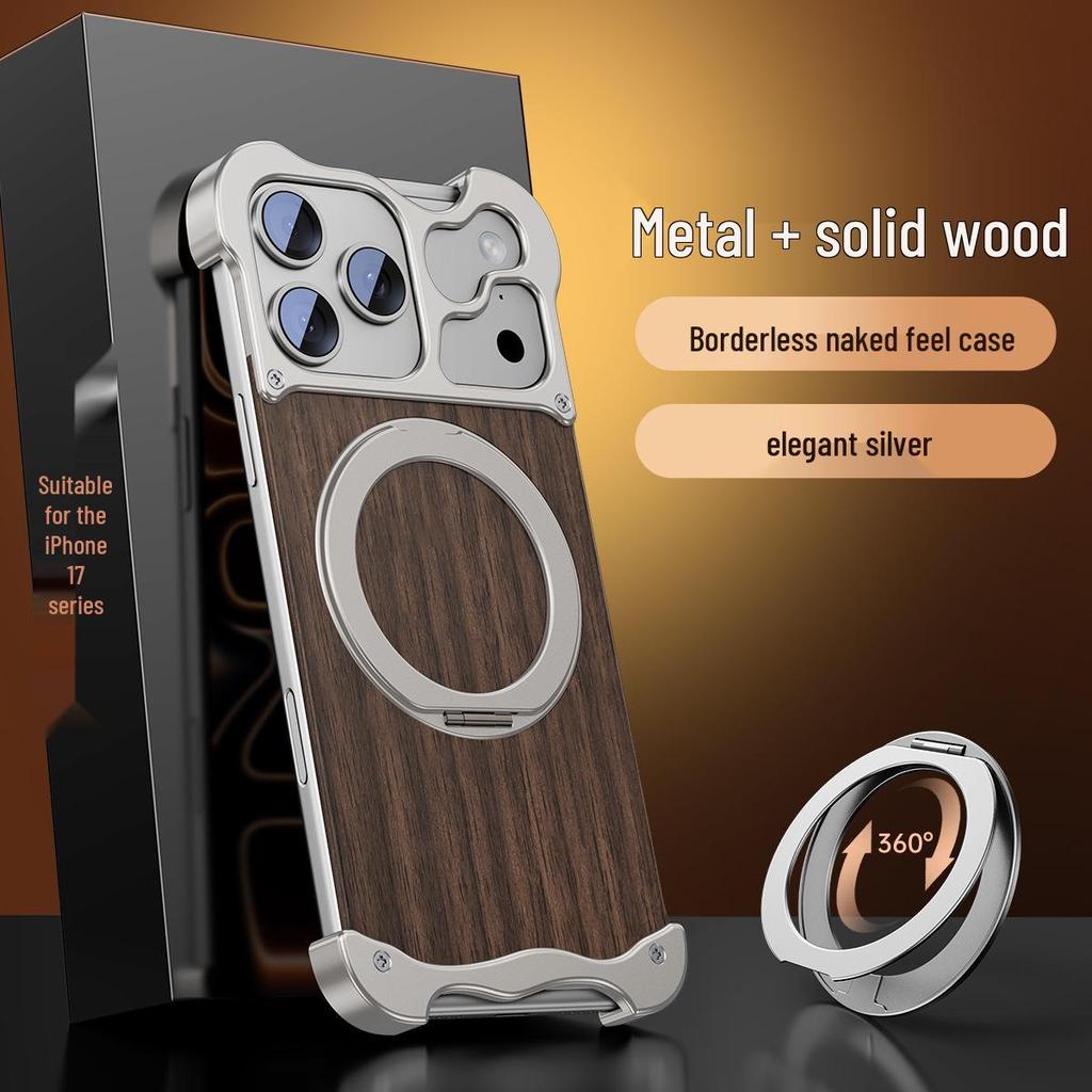 Alien 17 Pro Max Integrated Case with 360° Stand - Solid Wood & Metal, Magnetic Design for 16 Pro Max