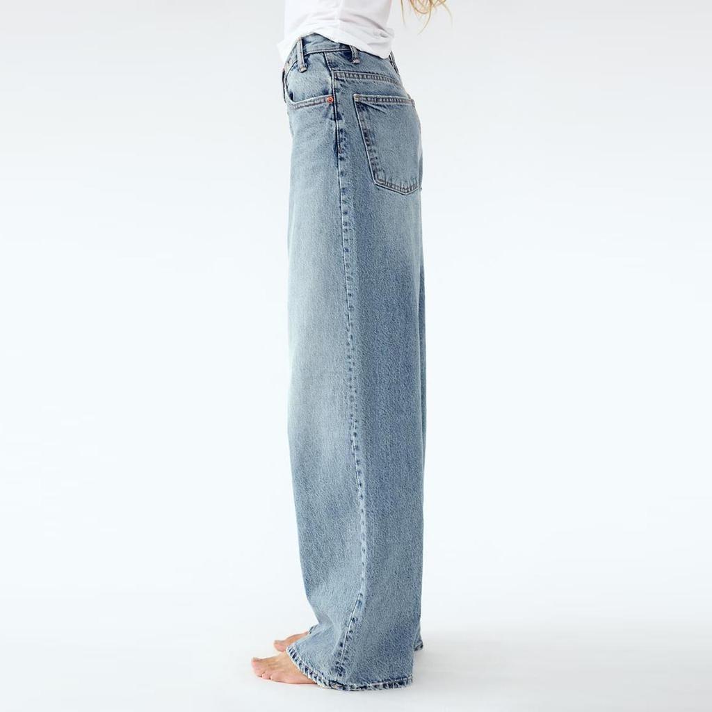 Women's Casual Fashion Color Elastic Waist Pockets Wide Leg Straight Jeans Pants