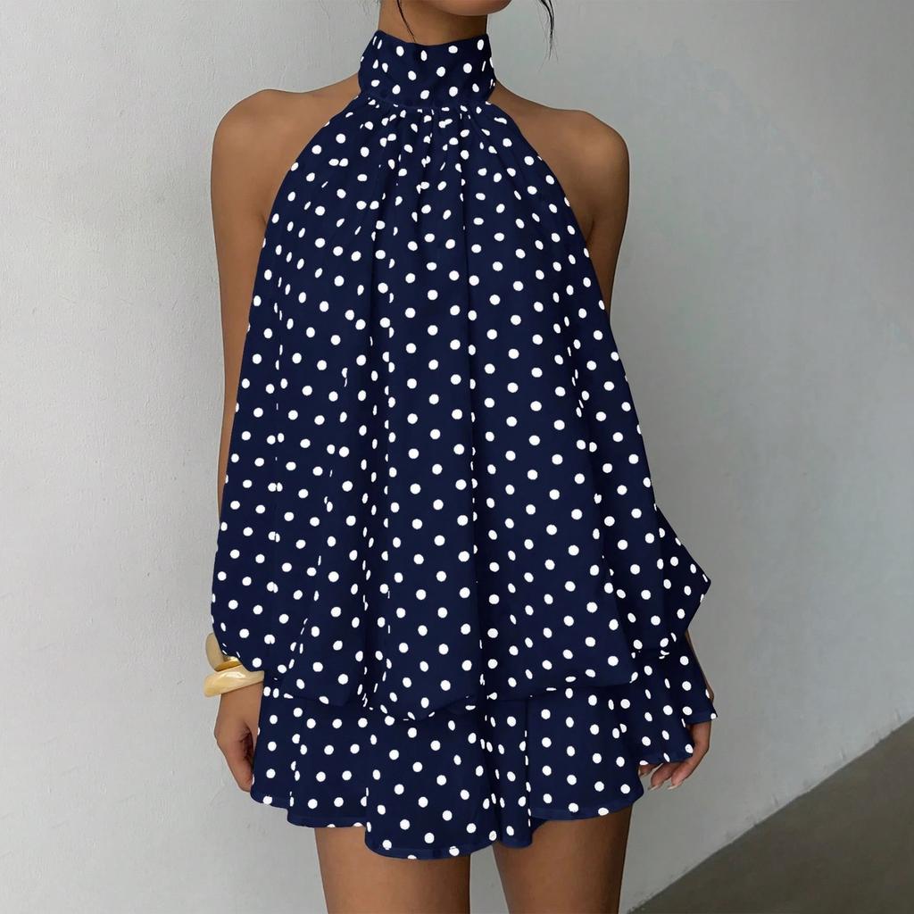 Women’s Neck Irregular Hem Polka Dot Sleeveless Backless Mini Dress Loose Fit Layered Skirt Design for Summer Wear