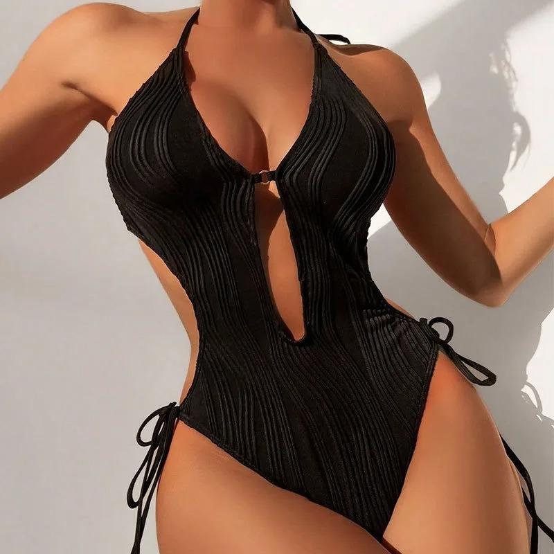 Costume da bagno intero Cikini con cut-out e laccetti laterali, monocolore, da spiaggia, costume da bagno, estate