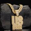 Men's Rhinestone US Boys Letter Pendant Necklace With 13mm Iced Out Bling Square Cuban Chain Charm Fashion Hip Hop Men Jewelry