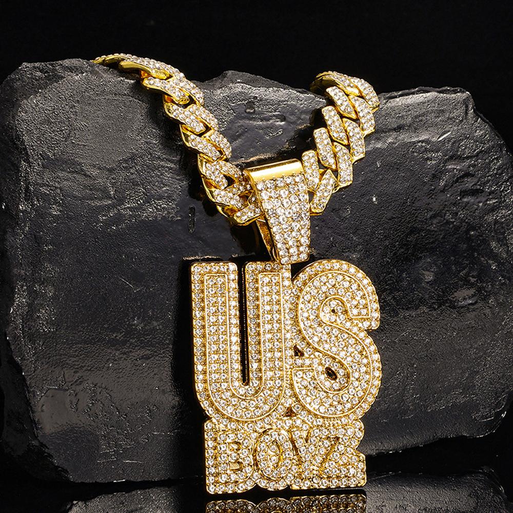 Men's Rhinestone US Boys Letter Pendant Necklace With 13mm Iced Out Bling Square Cuban Chain Charm Fashion Hip Hop Men Jewelry