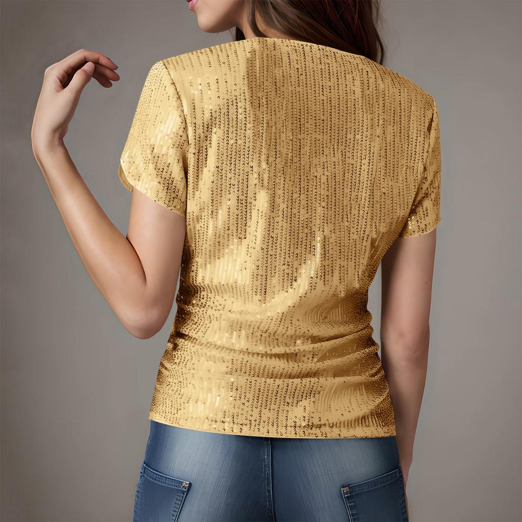 Women's Sequined Beaded V-neck Short-sleeved T-shirt