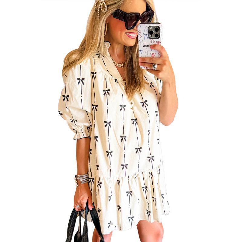 

Летнее платье-пуловер с глубоким V-образным вырезом и принтом с бантом - Европейская и американская мода, короткая юбка Medium бежевый