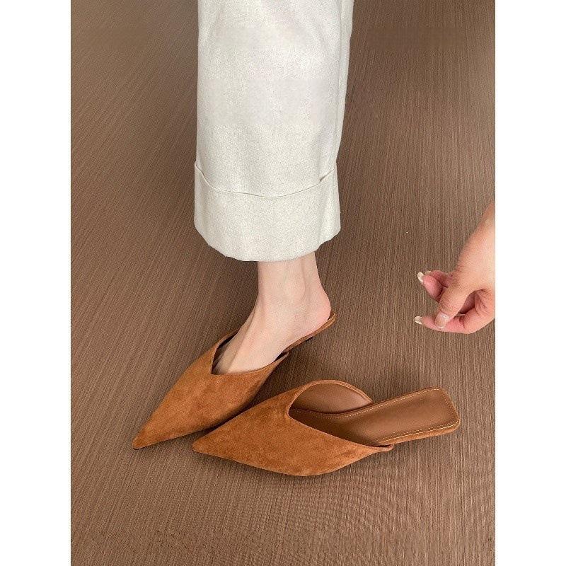 Baotou Half Slippers Outer Wear Women's Shoes Summer Thin Heels Not Tired Feet Suede Pointed Sandals