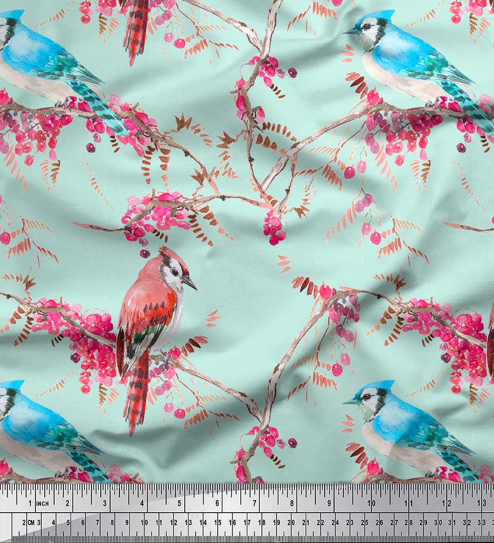 

Тканина Soimoi Grey Poly Crepe Red Berries & Bulbul Bird Print Швейна тканина метр 42 дюйма 42 Inch Wide - Poly Crepe зелений