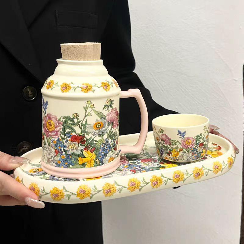 Retro Design Wind Chimes Flower Kettle Cup Set, Afternoon Tea Ceramic Cup, High-End Sense, Large-Capacity Teacup With Lid