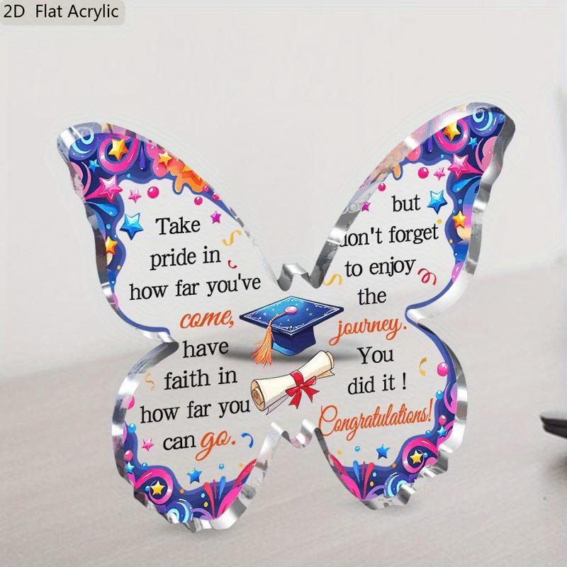 2D Flat, Graduation Cap & Diploma Acrylic Award Desktop Decoration, Blue & Pink Butterfly-Shaped Graduation Gift, Suitable for wall decoration, porch,