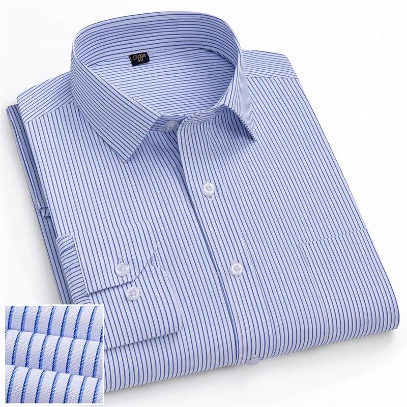 6XL Work Blue White Shirt Long Sleeves Men Formal Shirt Long Sleeve Office Solid Color Classic Striped Fashion Business Pocket